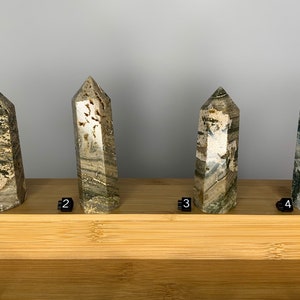 May include: Four green, brown, and white striped crystal points on a wooden display stand. The points are numbered 1 through 4.