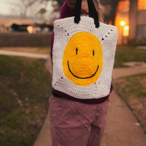 Crochet Bag - Smiley and Frowney Face Tote Bag - Retro Yellow Emoticon Purse - Kawaii Black & White Statement Bag - 90s Inspired Crochet Bag