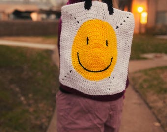 Crochet Bag - Smiley and Frowney Face Tote Bag - Retro Yellow Emoticon Purse - Kawaii Black & White Statement Bag - 90s Inspired Crochet Bag