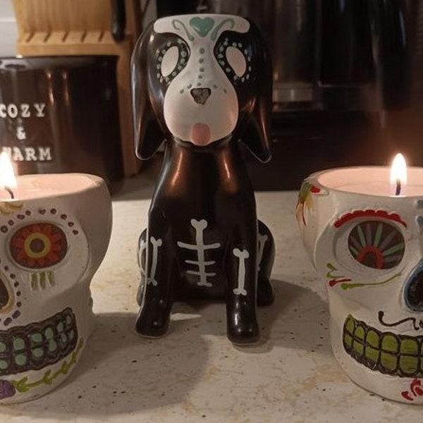 Day of the Dead Sugar Skull Tealight Candle Holders Dia de los Muertos Dog Puppy