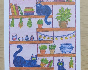 Impression d'art au crayon aquarelle chat L'inventaire de la sorcière
