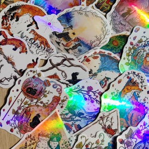Juego de pegatinas holográficas misteriosas: pegatinas extravagantes, gatos, zorros y brujas