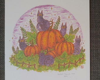 Gattini e zucche - stravagante stampa artistica con pittura a inchiostro di gatto strega