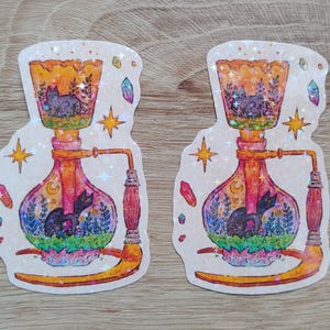 Autocollant holographique étoilé pour machine à café siphon nuit et jour - sticker chat sorcier fantaisiste