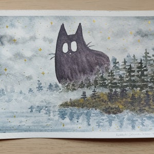 Originale Giant Fog Cat 1 cartolina dipinta a mano - pittura ad acquerello