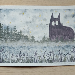 Cartão postal original pintado à mão com o gato gigante da névoa 3 - pintura em aquarela