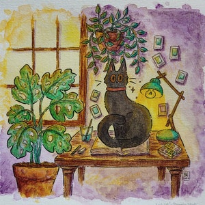 Origineel Artist&#39;s Desk knusse kat aquarel- en inktschilderij - handgemaakt en uniek cadeau