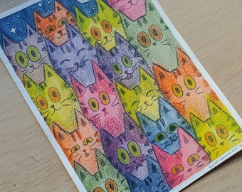 Peinture originale au crayon aquarelle Un mélange de chats