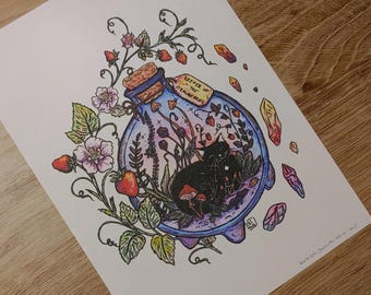 Keeper of the Strawberries cat watercolor print A4