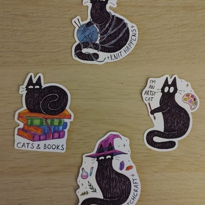 Cat Hobbies - Stickers vinyles mats - Livres, Art, Sorcières, Tricot, Crochet