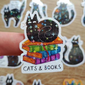 Peut inclure: Autocollant représentant un chat noir orné d'étoiles, lové sur une pile de livres colorés. Les livres sont rouges, verts, violets et oranges. Le texte "CATS & BOOKS" est en dessous.
