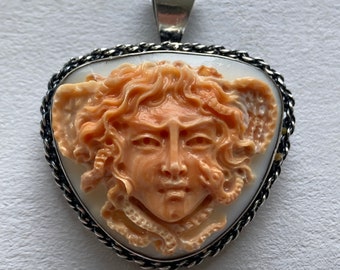 Stunning handmade mythological shell cameo "Medusa" mounted in 925 silver brooch and pendant free shipping