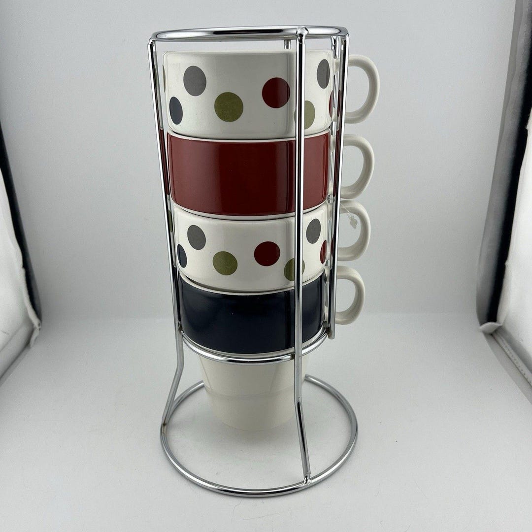 Set of 4 Lakeland Ceramic Stacking Mugs in Stand Multi Colour Spot ...