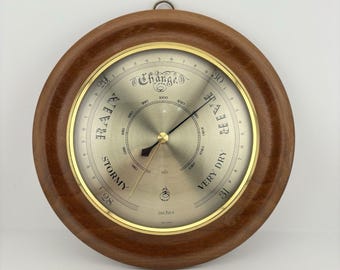 Vintage German Barometer Mahogany Wood & Brass Wall Weather Station Round VGC