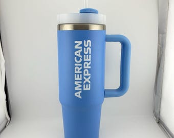 Botella de agua nueva Blue American Express Amex, estilo Stanley, de metal, promoción, VGC