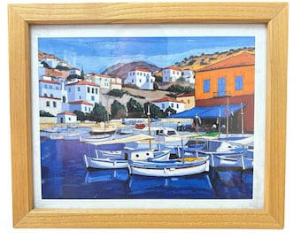 Jean-Claude Quilici Framed Lithograph Print Le Port de Kamina Light Wood 33x27cm
