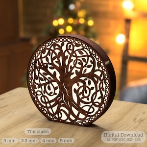 Árvore decorativa lâmpada de luz noturna corte a laser arquivo svg Glowforge árvore de madeira lâmpada de mesa redonda arquivo svg dxf lanterna de madeira padrão de plano vetorial