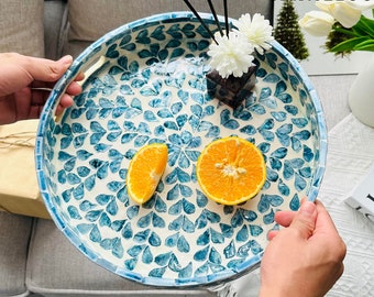 Lacquer Mother of Pearl Inlay Mosaic Tray, Serving Tray 12.5 Inch, Round Tray with Handles Trays for Tea, Breakfast. (Leaf Style)