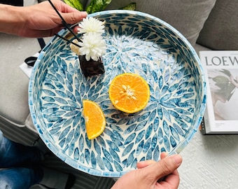 Round Breakfast Tray 12.5 inch, Mother of Pearl Blue, Floral Serving Tray, Coffee Table Tray, Decorative Tray, Tea Tray. (Flower Style)