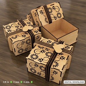 Caja de regalo Corte láser con cinta Flores decorativas Patrón Abridor Joyero Caso Boda Amor Vector* Descarga digital* /#01/