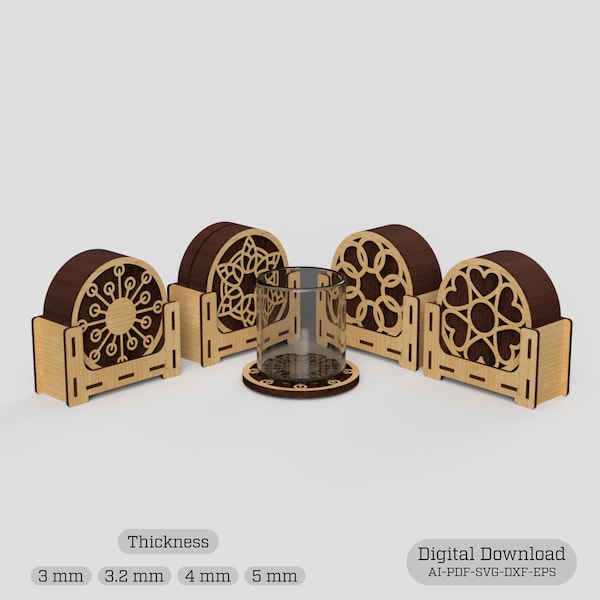 4 Decorative Pattern Boxed Coasters Laser Cut Svg Files, Vector Files For Laser Cutting * Digital Download *