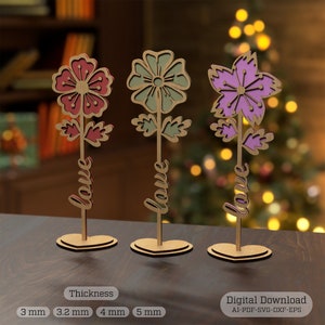 Arquivos SVG de corte a laser de flores em duas camadas, presente de corte a laser da mãe rosa, arquivos vetoriais para corte a laser de madeira, feliz dia das mães