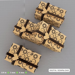 Caja de regalo Corte láser con cinta Flores decorativas Patrón Abridor Joyero Caso Boda Amor Vector* Descarga digital* /#02/