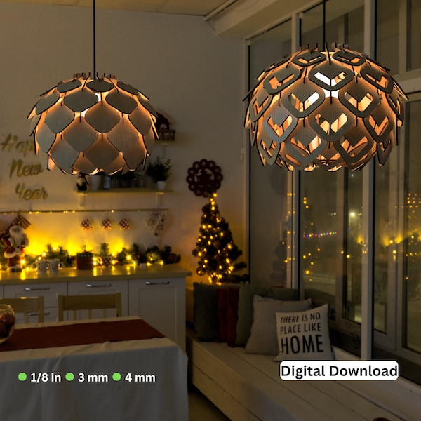 Scandinavian Pine Cone Hanging Wooden Chandelier Lamp Shade Pendant Light Template Svg Laser Cut Digital Download | SVG, DXF, AI | |#01|