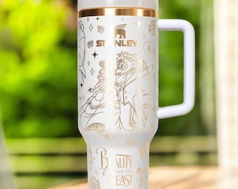 Vaso grabado de La Bella y la Bestia de 40 oz, taza Princesa Rosa con pajita, vaso térmico para bebidas frías y calientes de 40 oz, vaso grabado de 40 oz