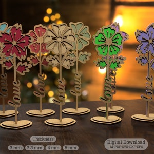 Blume Laser Cut Out Kunst Geschenk Tag Acryl Holz Personalisierte Blume mit Namen Bearbeitbare Schnittdateien Digitaler Download, alles Gute zum Muttertag