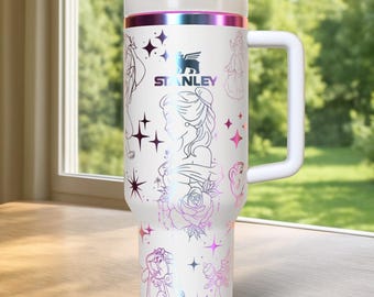 Engraved Beauty and the Beast Tumbler 40oz, Princess Rose Cup With Straw, Insulated Hot And Cold 40oz Tumbler, Engraved Tumbler 40oz