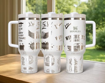 Winchester Tumbler 40oz, 40oz Supernatural themed Tumbler (Dean and Sam) Winchester Rainbow laser Engraved handle
