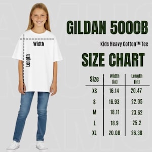 May include: A white Gildan 5000B Kids Heavy Cotton Tee, with a size chart showing width and length measurements in inches. The chart includes sizes XS (16.14" width, 20.47" length) to XL (20.08" width, 26.38" length).