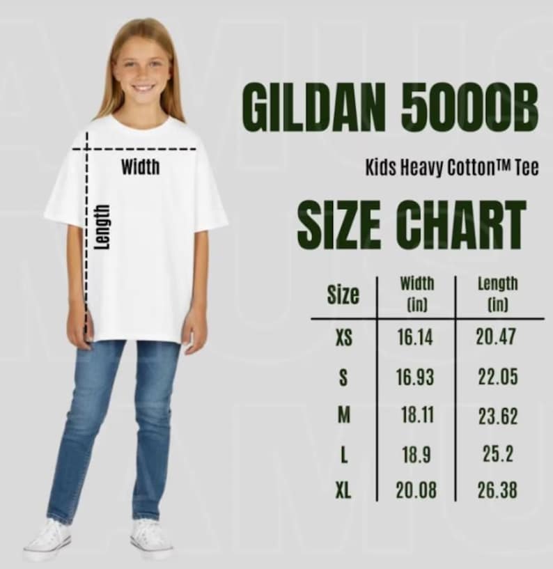 May include: A white Gildan 5000B Kids Heavy Cotton Tee, with a size chart showing width and length measurements in inches. The chart includes sizes XS (16.14" width, 20.47" length) to XL (20.08" width, 26.38" length).