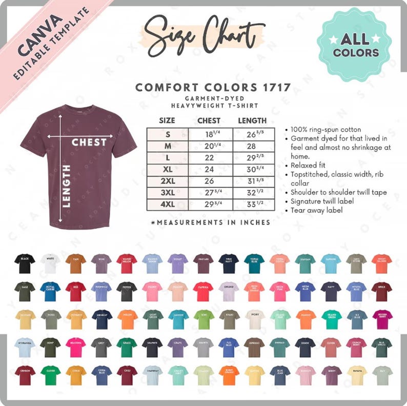 May include: A maroon Comfort Colors 1717 heavyweight t-shirt with a size chart. The chart lists chest and length measurements in inches for sizes S to 4XL. The image also displays a variety of available colors.