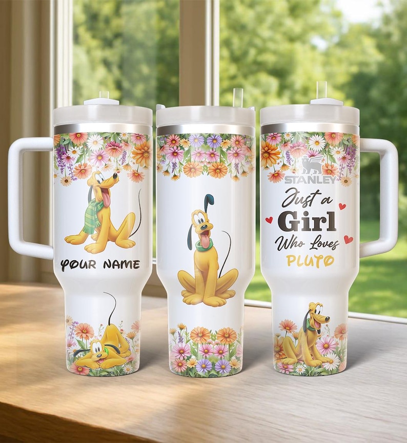 May include: Three white insulated tumblers with Pluto designs and floral accents. One tumbler reads "Your Name", another features Pluto, and the third says "Just a Girl Who Loves Pluto". Each tumbler has a white handle and lid.
