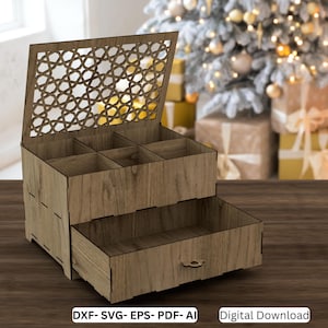 Lasergesneden ladekast sieradendoos, houten geschenkdoos, lasergesneden houten kist, vectorbestanden voor houtlasersnijden*** | SVG, DXF, AI |