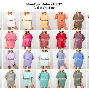 May include: A grid of Comfort Colors C1717 t-shirts in various colors, including white, ivory, banana, mustard, yam, espresso, pepper, watermelon, crunchberry, heliconia, crimson, red, berry, black, blossom, orchid, violet, chambray, blue jean, fio blue, denim, bay, grey, island reef, seaform, light green, moss, and navy.