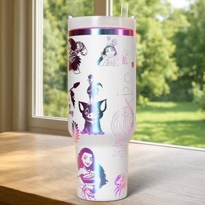 May include: White insulated tumbler with a lid and straw, featuring colorful illustrations of characters and elements from a popular animated film. The design includes images of a pig, a rooster, a wave, and a woman. The tumbler has a capacity of approximately 30 ounces.