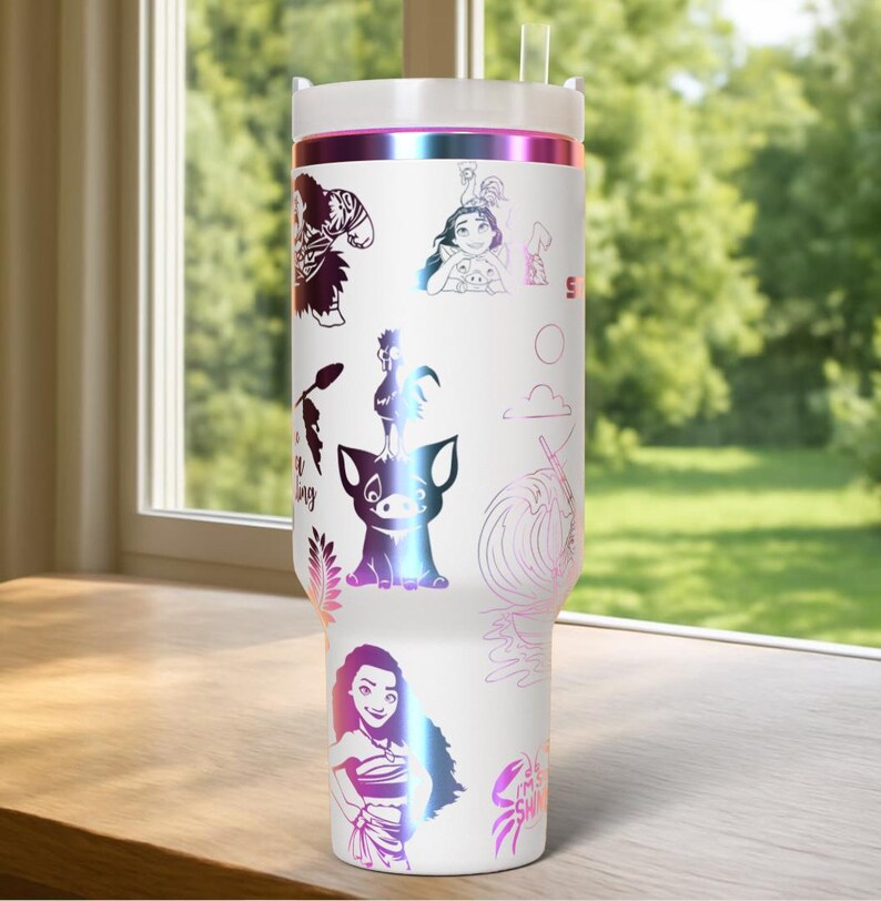 May include: White insulated tumbler with a lid and straw, featuring colorful illustrations of characters and elements from a popular animated film. The design includes images of a pig, a rooster, a wave, and a woman. The tumbler has a capacity of approximately 30 ounces.