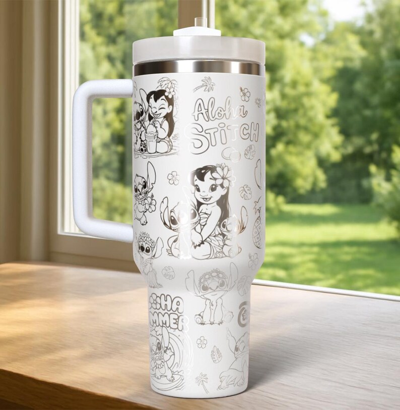 May include: White insulated travel mug with a handle, featuring black and white illustrations of Lilo & Stitch characters. The mug includes the text "Aloha Stitch" and "Summer". The lid and handle are white.