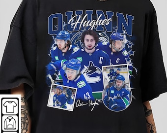 Quinn Hughes Vintage Washed T-Shirt, Ice Hockey Defence Homage Graphic Unisex , Bootleg Retro 90&#39;s Fans Hoodie Gift