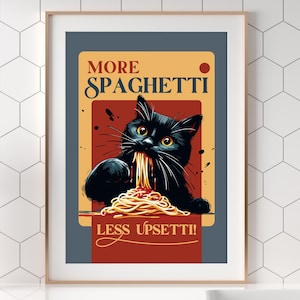 Funny Cat Kitchen Print: Spaghetti Pun, Retro Italian Decor (Digital Download)