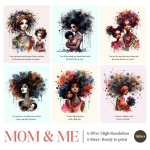 6 Mom and Me Printable Art, Aesthetic Black Mom Posters, Mother Baby Portraits, Motherhood Wall Prints, Black Women Maternity Gifts, Mum Art