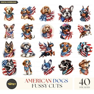 USA Hundeaufkleber - Fussy Cuts Ephemera, 4. Juli Hunde Clipart Bundle, druckbare Aufkleber, 4. Juli Welpen Aufkleber