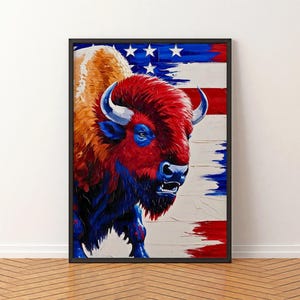 素朴なバイソンアート絵画：アメリカンバッファロー、赤と青、アメリカの国のシンボル、パレットナイフアート