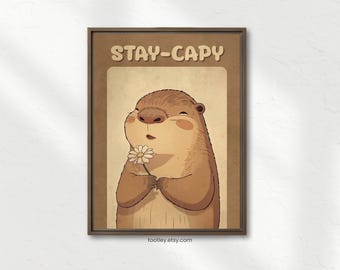 Stay Capy Capybara Print: Funny Animal Pun, Vintage Capybaras Poster (Digital Download)