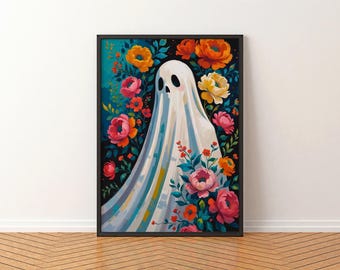 Whimsical Ghost Art Print: Pastel Goth Cottagecore Halloween, Floral Ghost Painting, Spooky Maximalist Decor