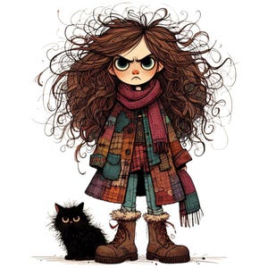 Whimsical Girl with Black Cat Clipart: SVG PNG Bundle