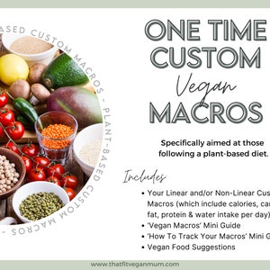 Puede incluir: Un gráfico con una variedad de verduras frescas y legumbres en cuencos sobre una superficie de madera. El texto "ONE TIME CUSTOM Vegan MACROS" está en letras grandes y en negrita. El texto "Específicamente dirigido a aquellos que siguen una dieta basada en plantas." está debajo del título. El texto "Incluye" va seguido de una lista de viñetas: "Tus macros personalizadas lineales y/o no lineales (que incluyen calorías, carbohidratos, grasas, proteínas y la ingesta de agua por día)", "'Vegan Macros' Mini Guía", "'Cómo rastrear tus macros' Mini Guía", "Sugerencias de alimentos veganos". El texto "www.thatfitveganmum.com" está en la parte inferior del gráfico.
